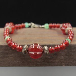 7" Sterling Silver Beaded Garnet & Chrysoprase Stone Bracelet Vintage